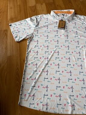 Swannies Golf NWT “Barber Polo” men’s shirt white with words on it size XXL